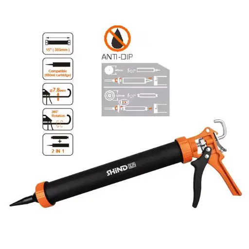 [37639] Pistola de calafateo de vidrio esquelético, 2 en 1, con tubo de aluminio de 15'', para construcción y hogar.